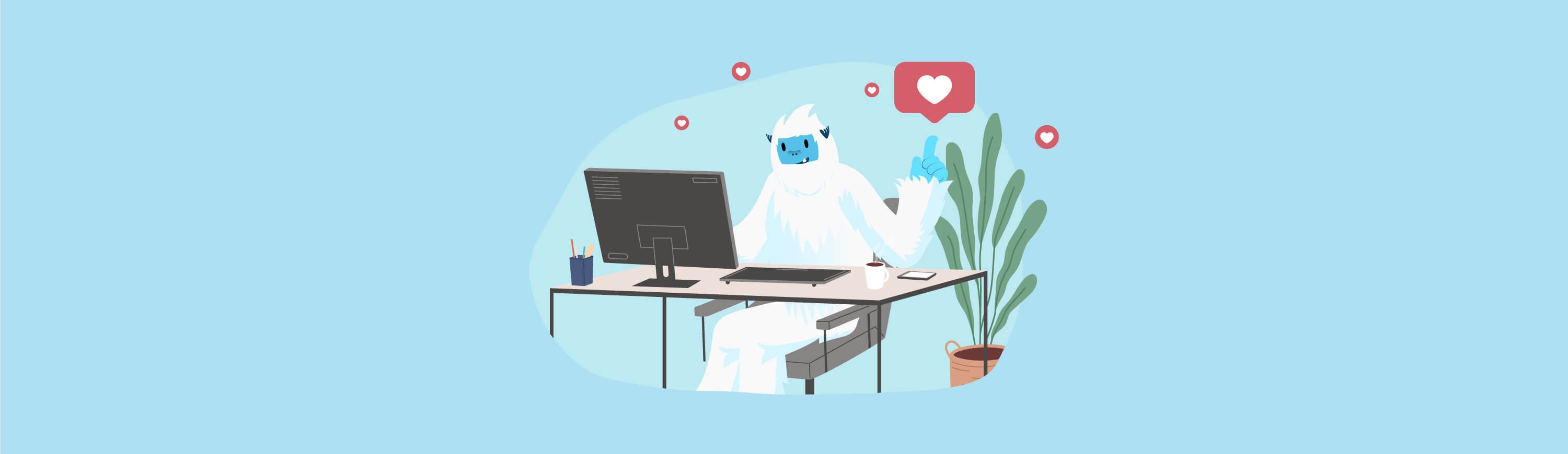 Illustration of Carl the yeti sitting happily at a desk with a computer.