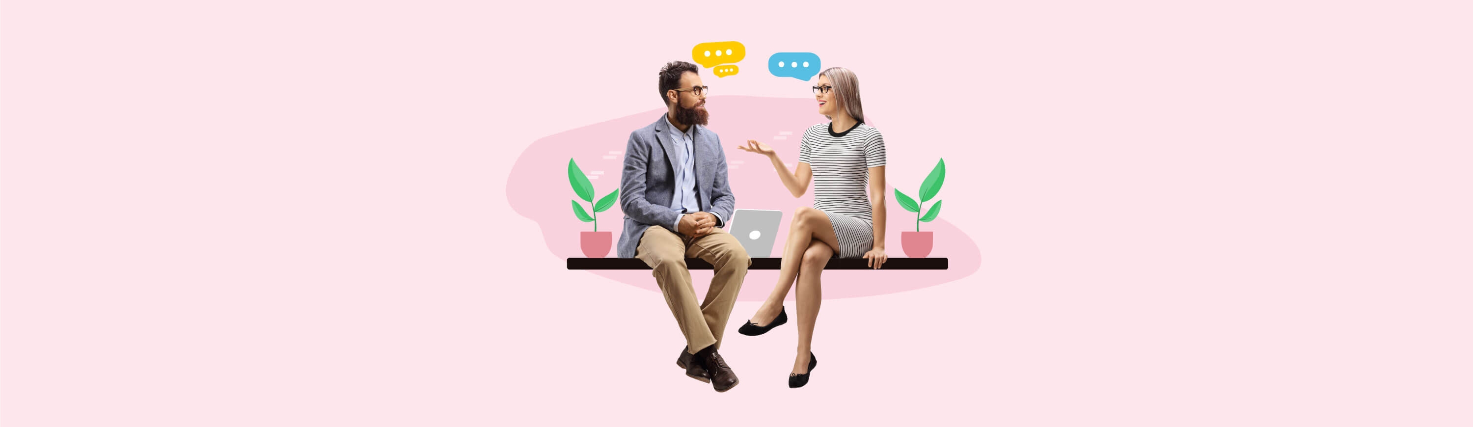 Illustration of a man and woman sitting together with a laptop, smiling while having a conversation.