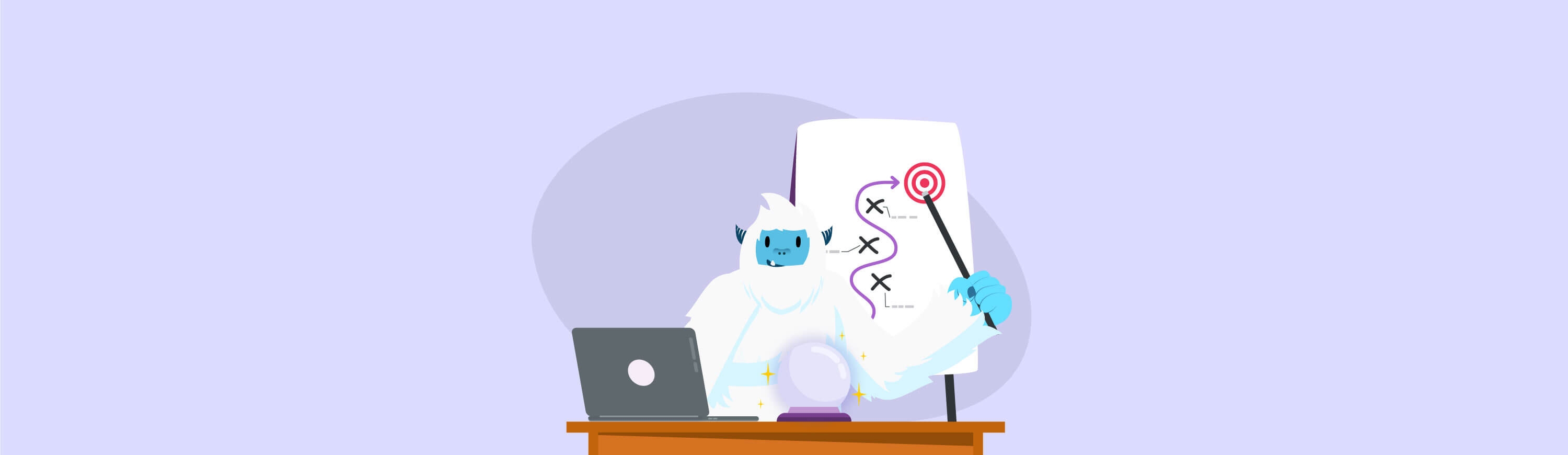 Illustration of Carl the yeti sitting at a desk with a magic wand and ball with a laptop.