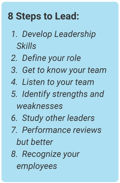 image with text - The 8 easy steps to lead a team.