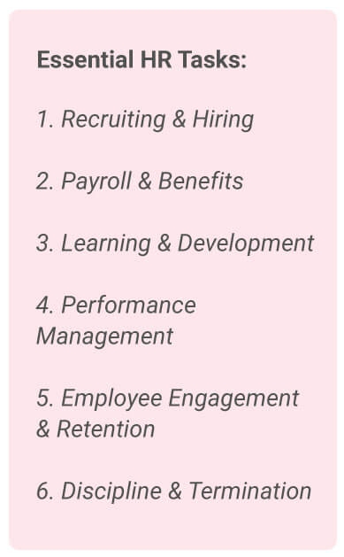 image with text - Essential HR Task: Recruiting and Hiring, Payroll and Benefits, Learning and Development, Performance Management, Employee Engagement & Retention, Discipline and Termination.