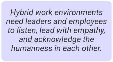image with text - Hybrid work environments need leaders and employees to listen, lead with empathy, and acknowledge the humanness in each other.