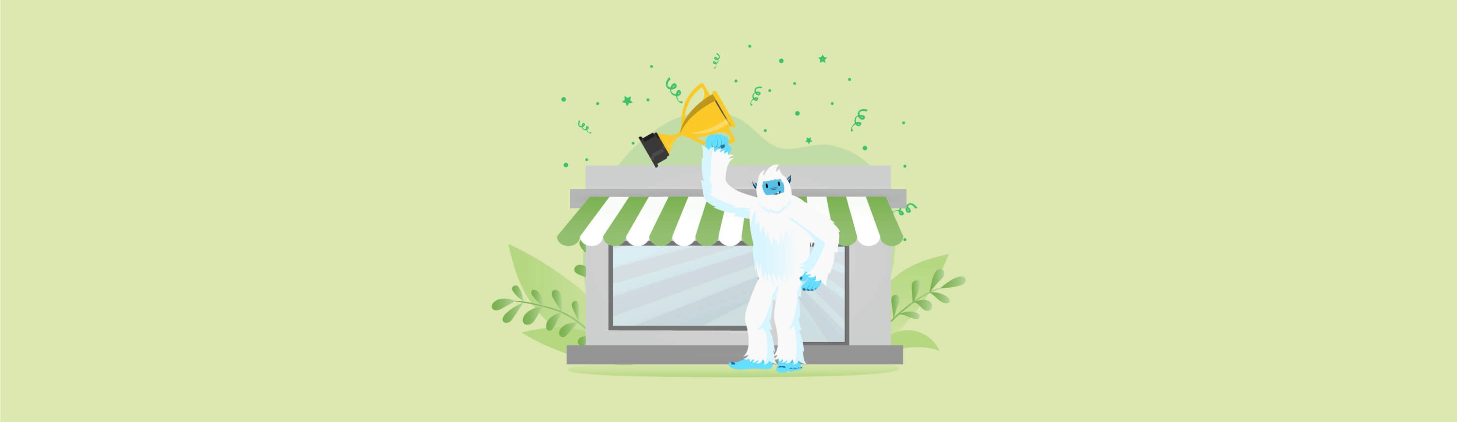 Illustration of Carl the Yeti standing outisde a small business cheering while holding a trophy.