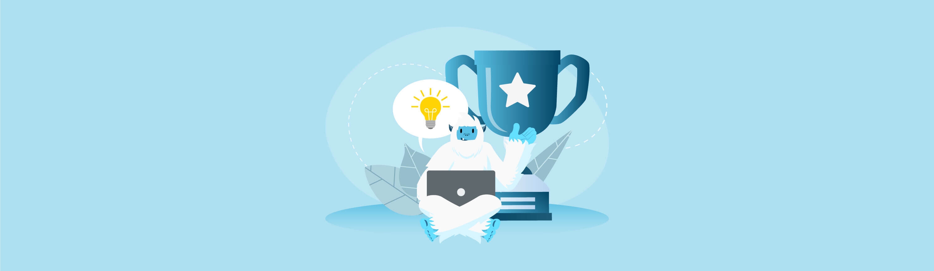 Illustration of Carl the yeti sitting on the floor on his laptop. There is a trophy and lightbulb hovering above him.