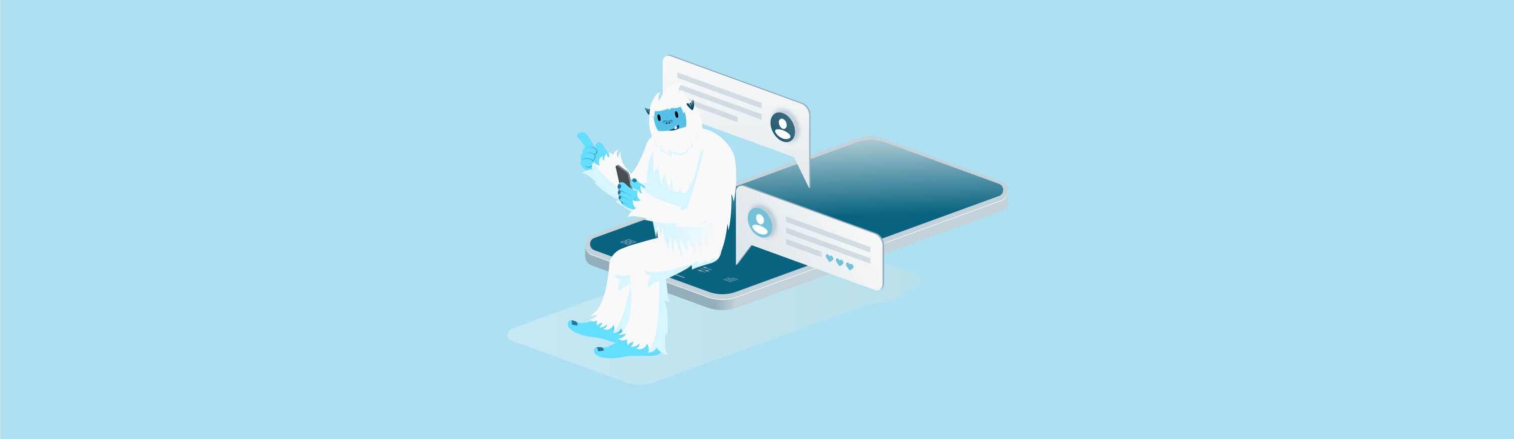 Illustration of Carl the yeti sitting on a mobile phone reading texts.