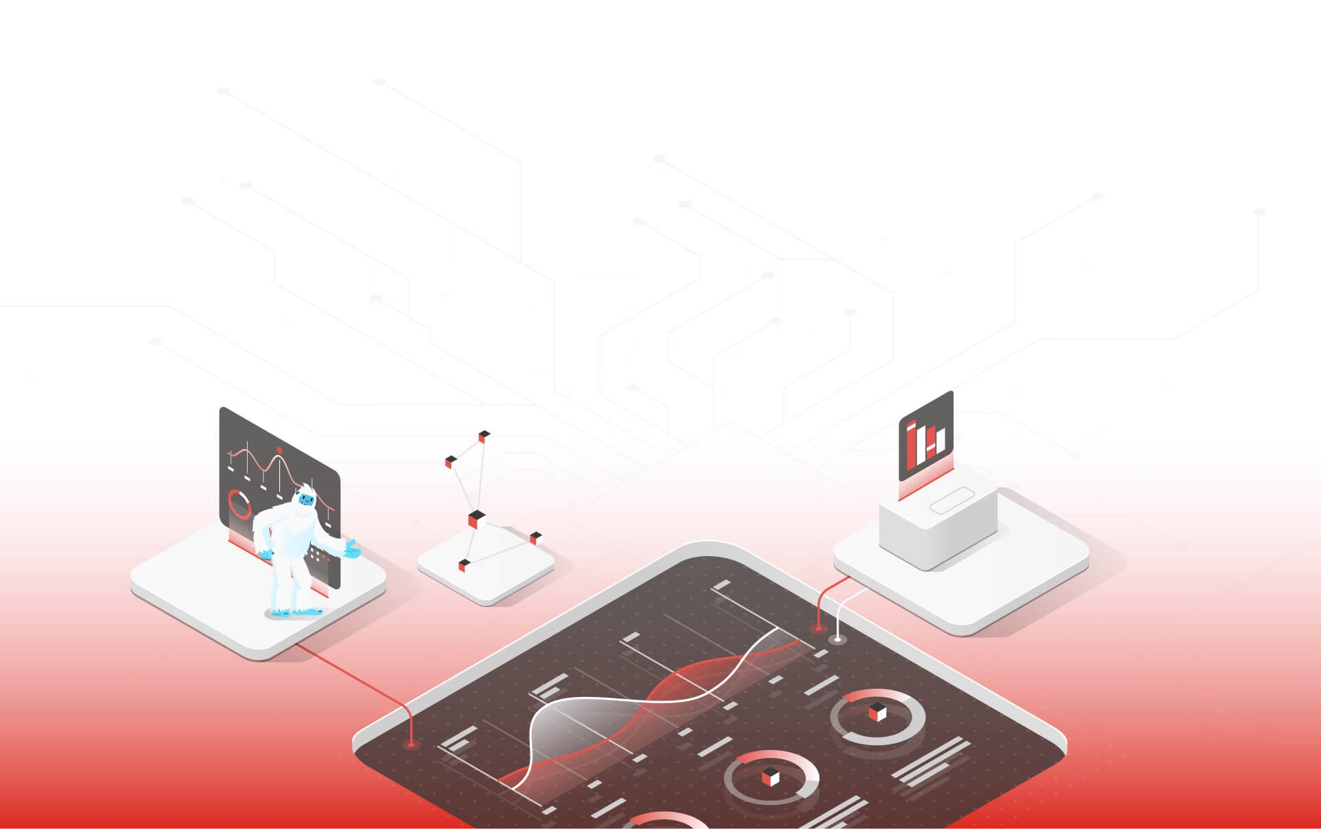 Illustration of Carl the yeti pointing to a screen with graphs and data.