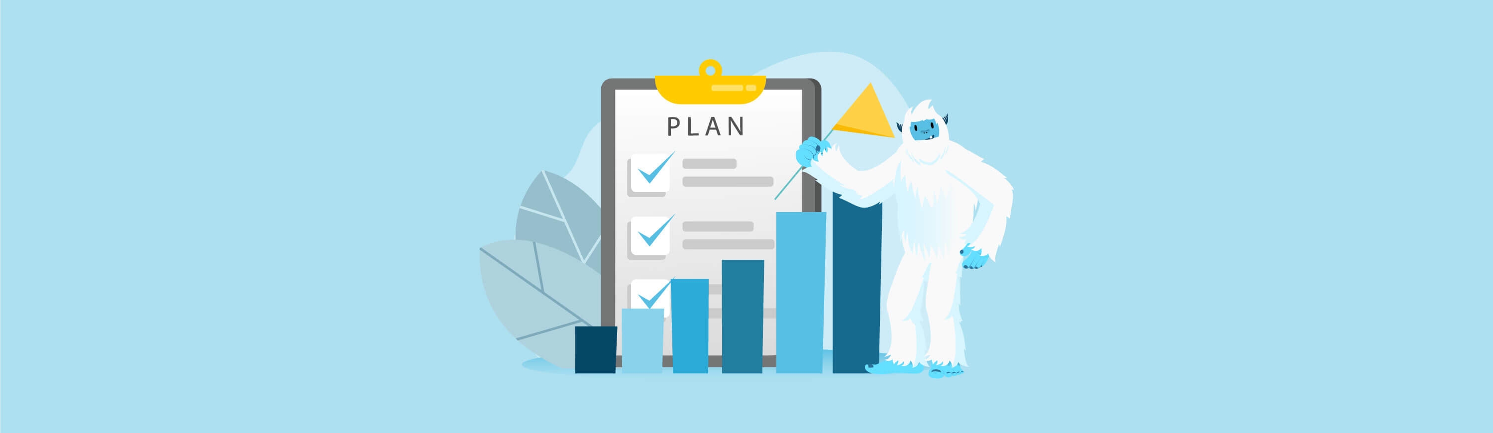 Illustration of Carl the Yeti standing next to bar graphs, a checklist, and holding a flag.