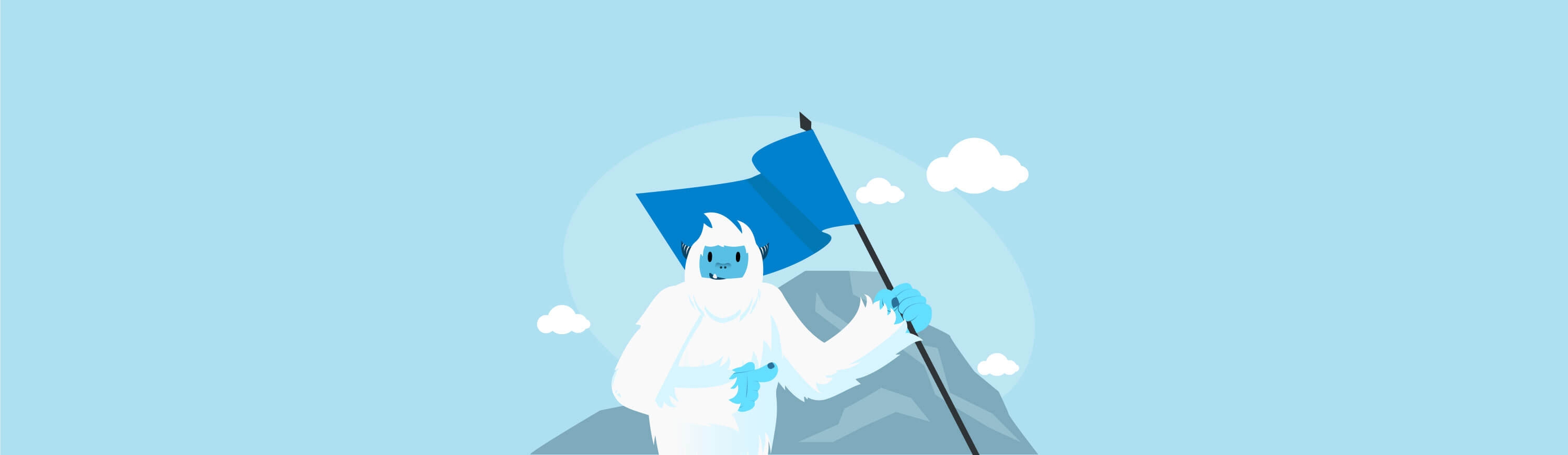Illustration of Carl the yeti holding a flag near a mountain.