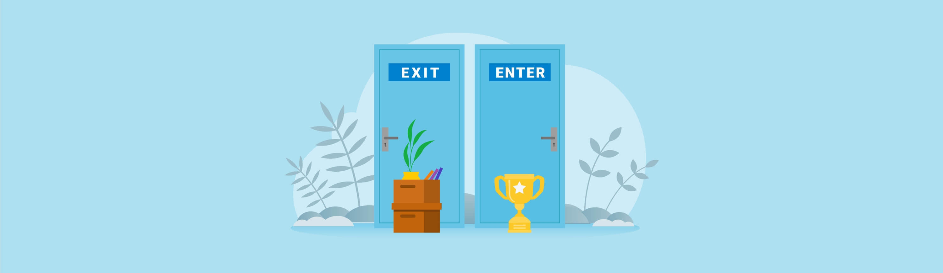 Illustration of Carl the yeti standing next to a enter door holding a trophy, and an another Carl stading next ot an exit door holding his desk belongs representing turnover.