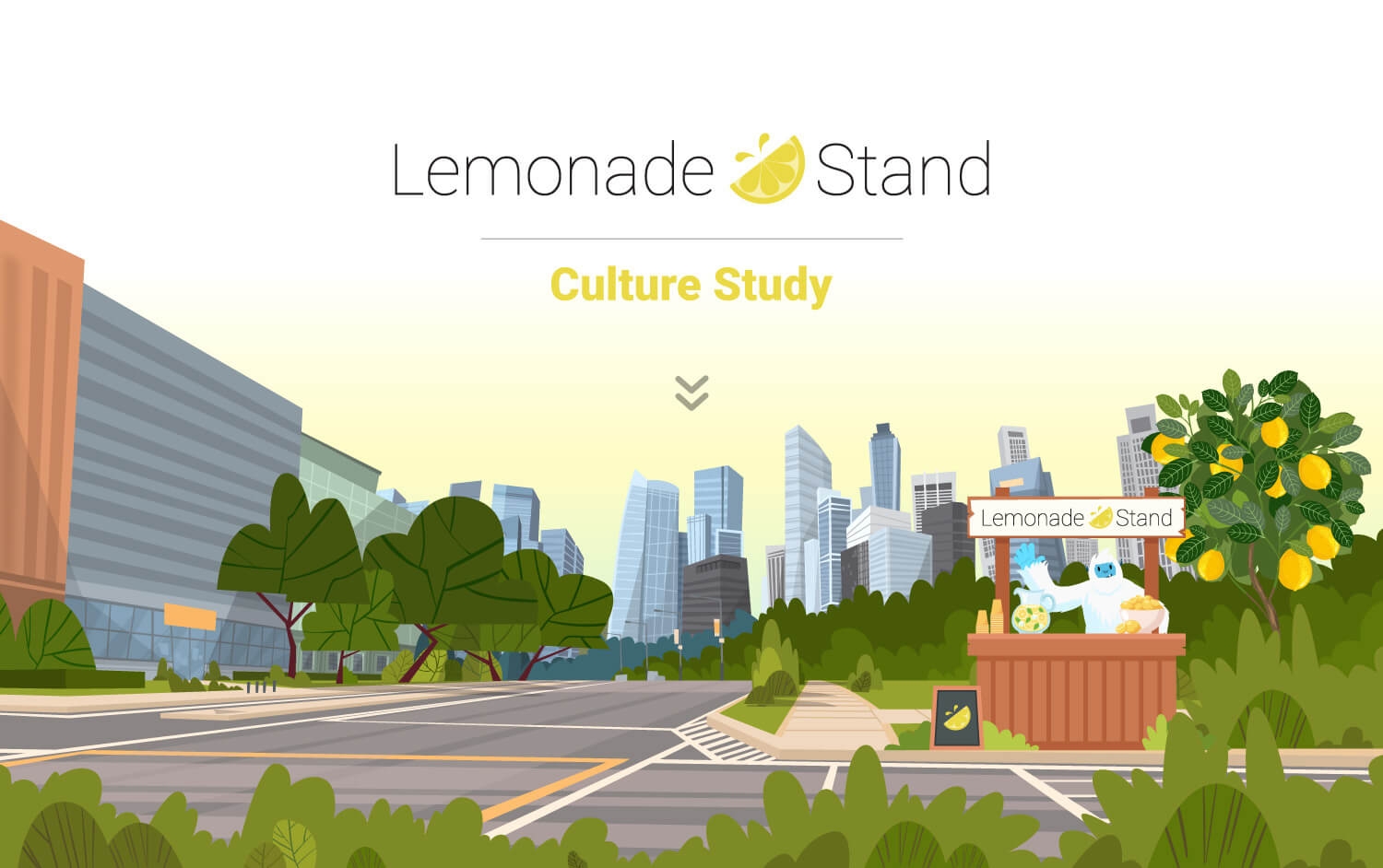 Illustration of a city with Carl the Yeti selling Lemonade at a Lemonade Stand