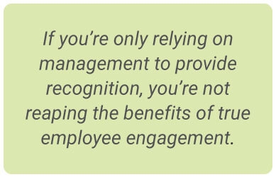 image with text - And if you’re relying on management alone to provide recognition in the workplace, you might not be seeing the powerful effects of true employee engagement.
