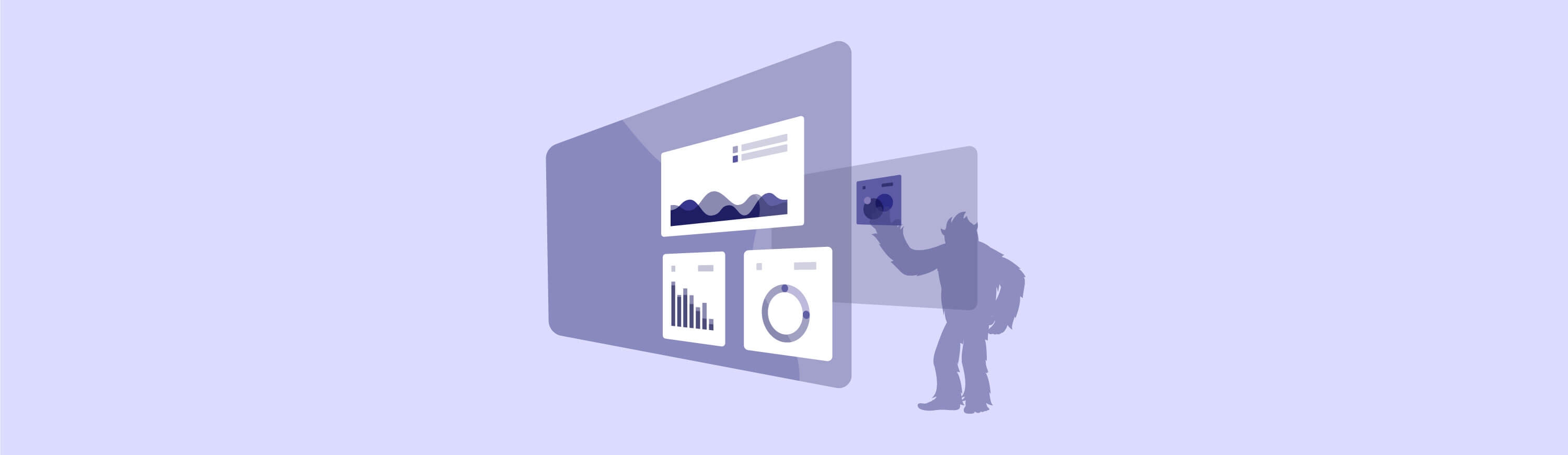 Illustration of Carl the yeti touching giant screens and examining the data on them.