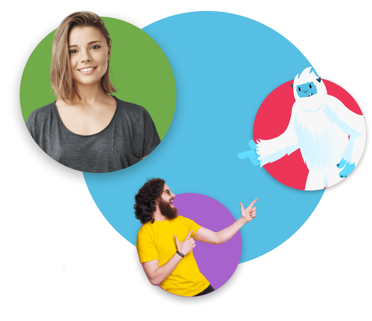 Circle image of woman smiling, Carl the yeti pointing towards a man, and the man pointing back.