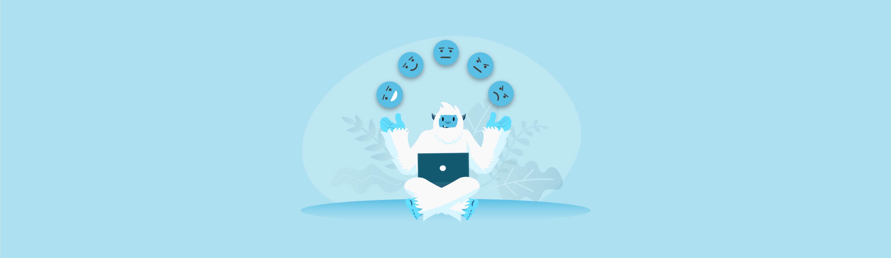 Illustration of a Carl the Yeti on a laptop with smiley faces floating above him.