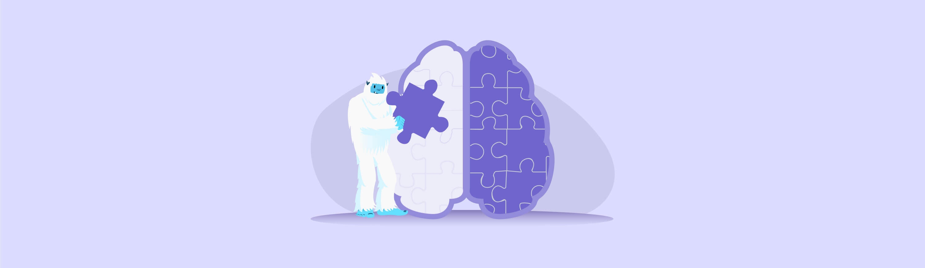 Illustration of Carl the yeti putting puzzle pieces together in the shape of a brain.