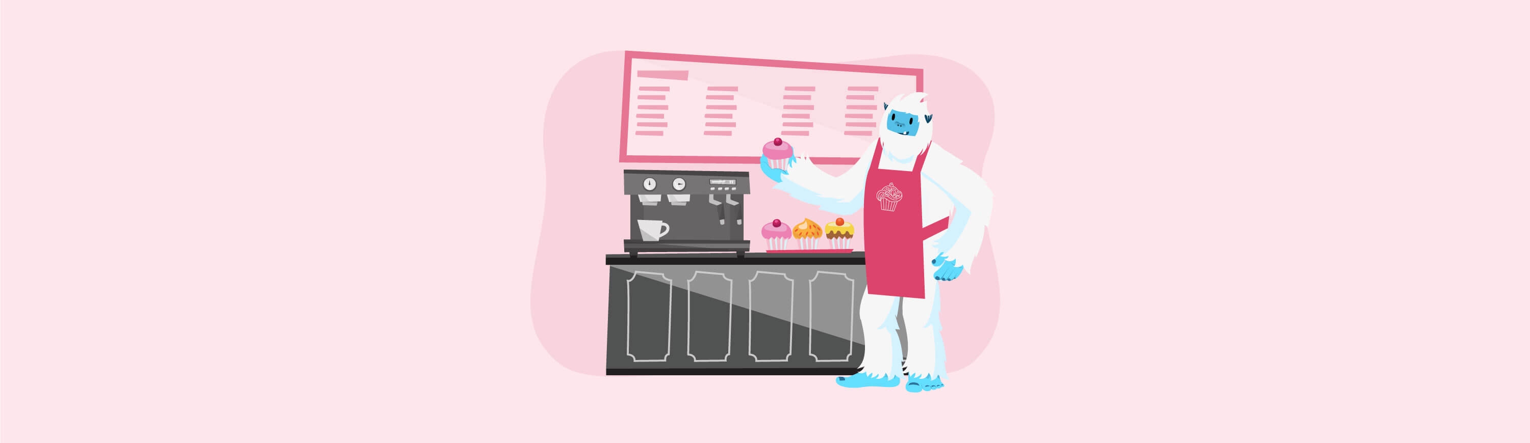 Illustration of Carl the yeti's working as a baker at a food stand, representing small business.