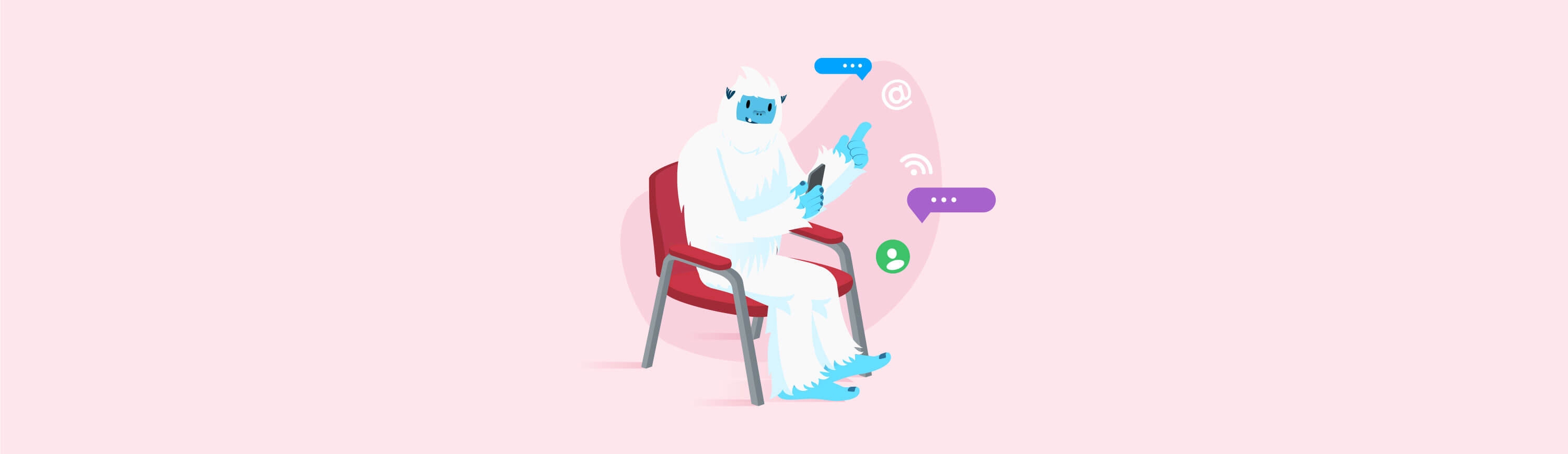 Illustration of Carl the yeti sititng in a chair and on social media.