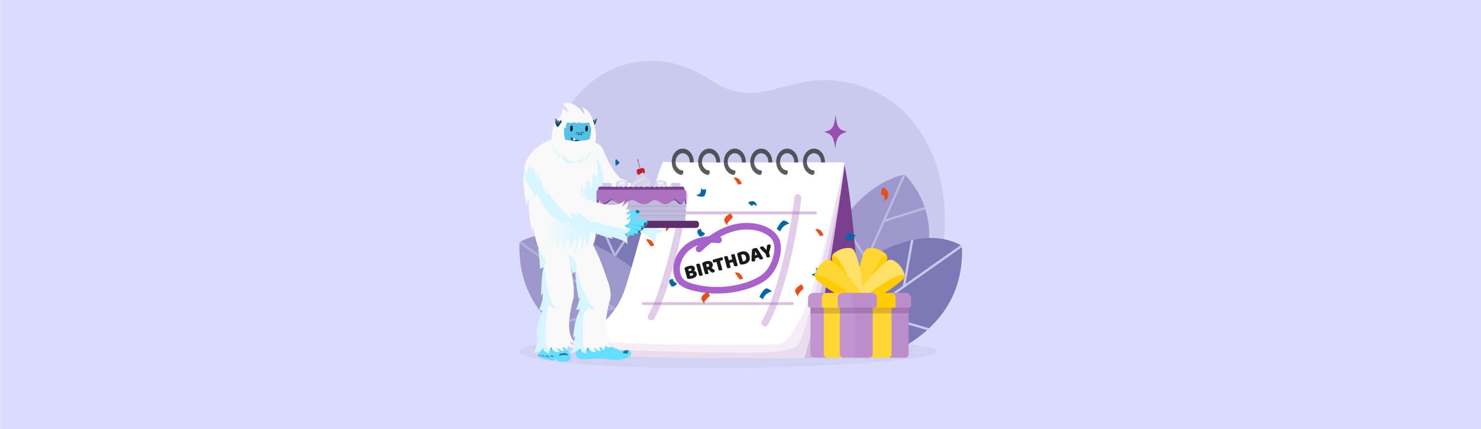 Illustration of Carl the yeti standing next to a calendar with a birthday celebration.