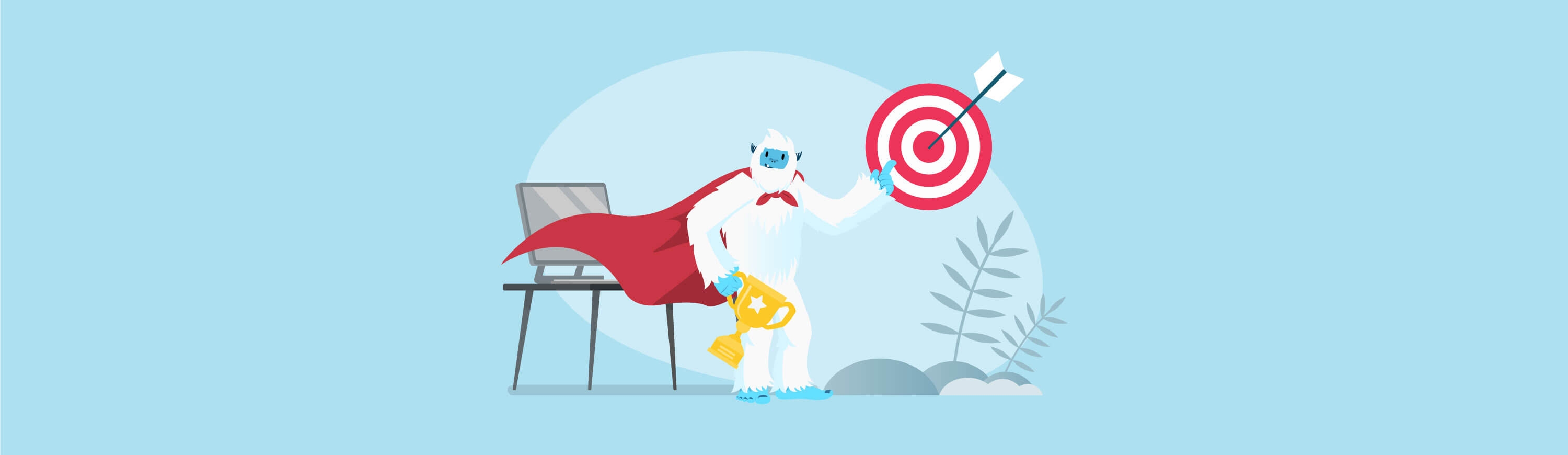 Illustration of Carl the yeti holding a target with an arrow in it and a trophy. He is also wear a superhero cape.