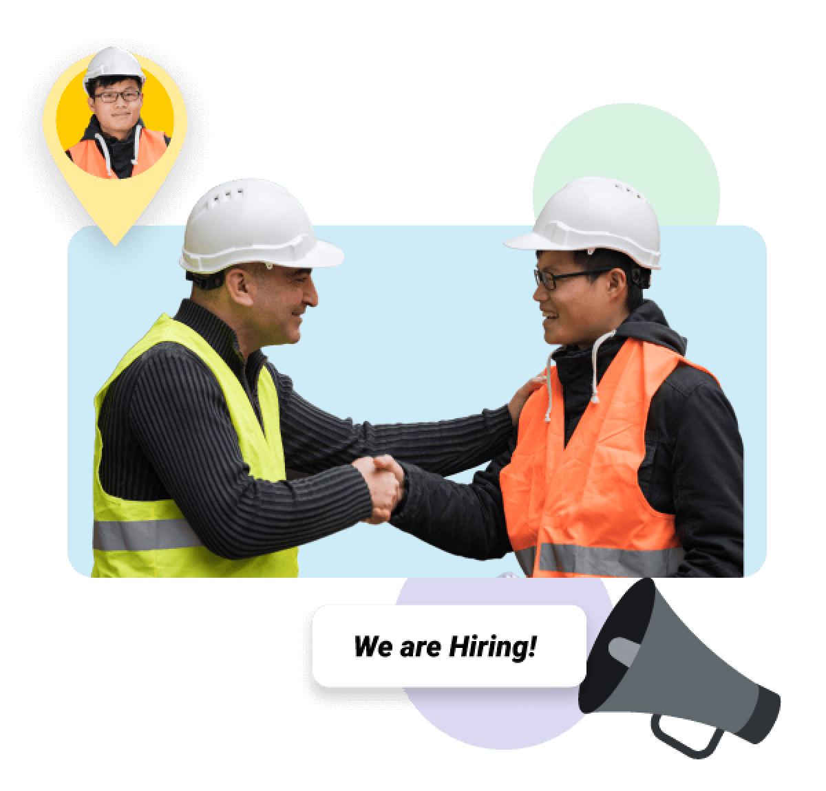 Image of two men in construction jackets and helmets shaking hands.
