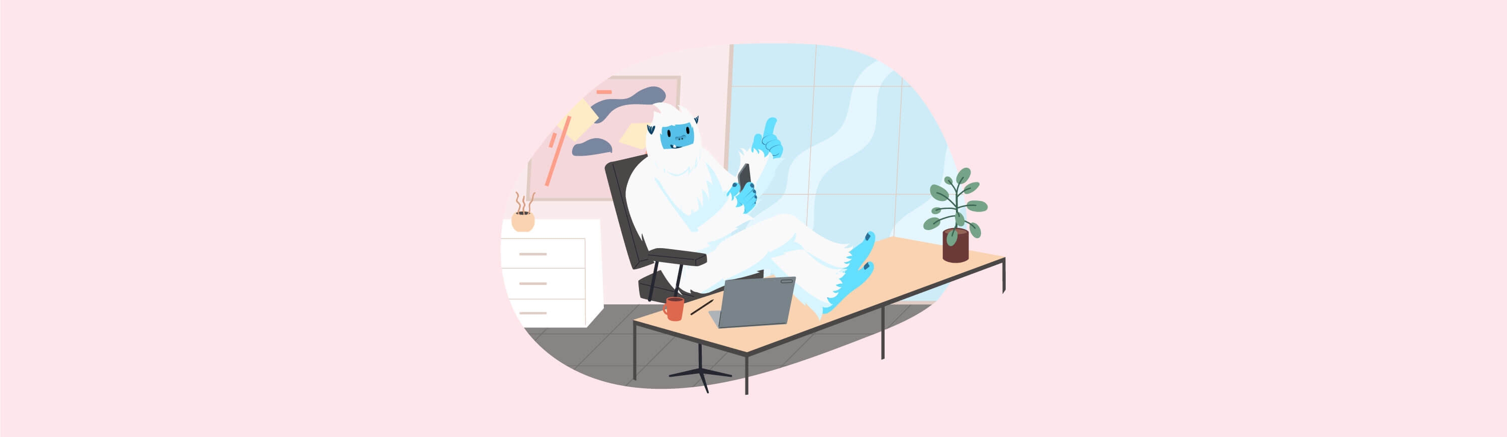 Illustration of Carl the yeti smiling with his feet on a desk with his cell phone.