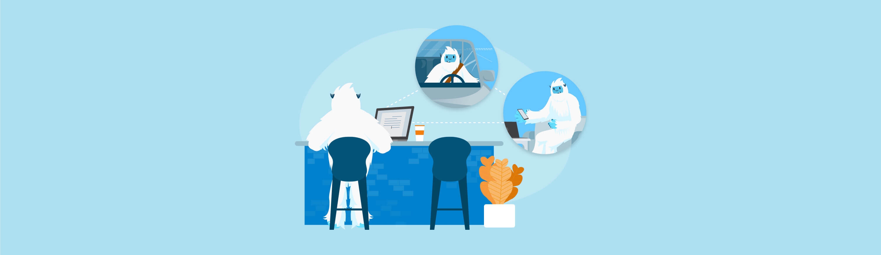Illustration of Carl the yeti sitting at a desk on his computer. He is netowrking with other employees at his company.