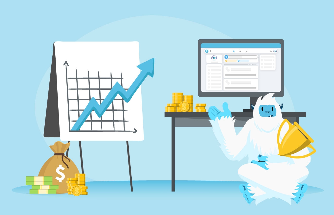 Illustration of Carl the yeti holding a trophy sitting next to a graph trending upwards.
