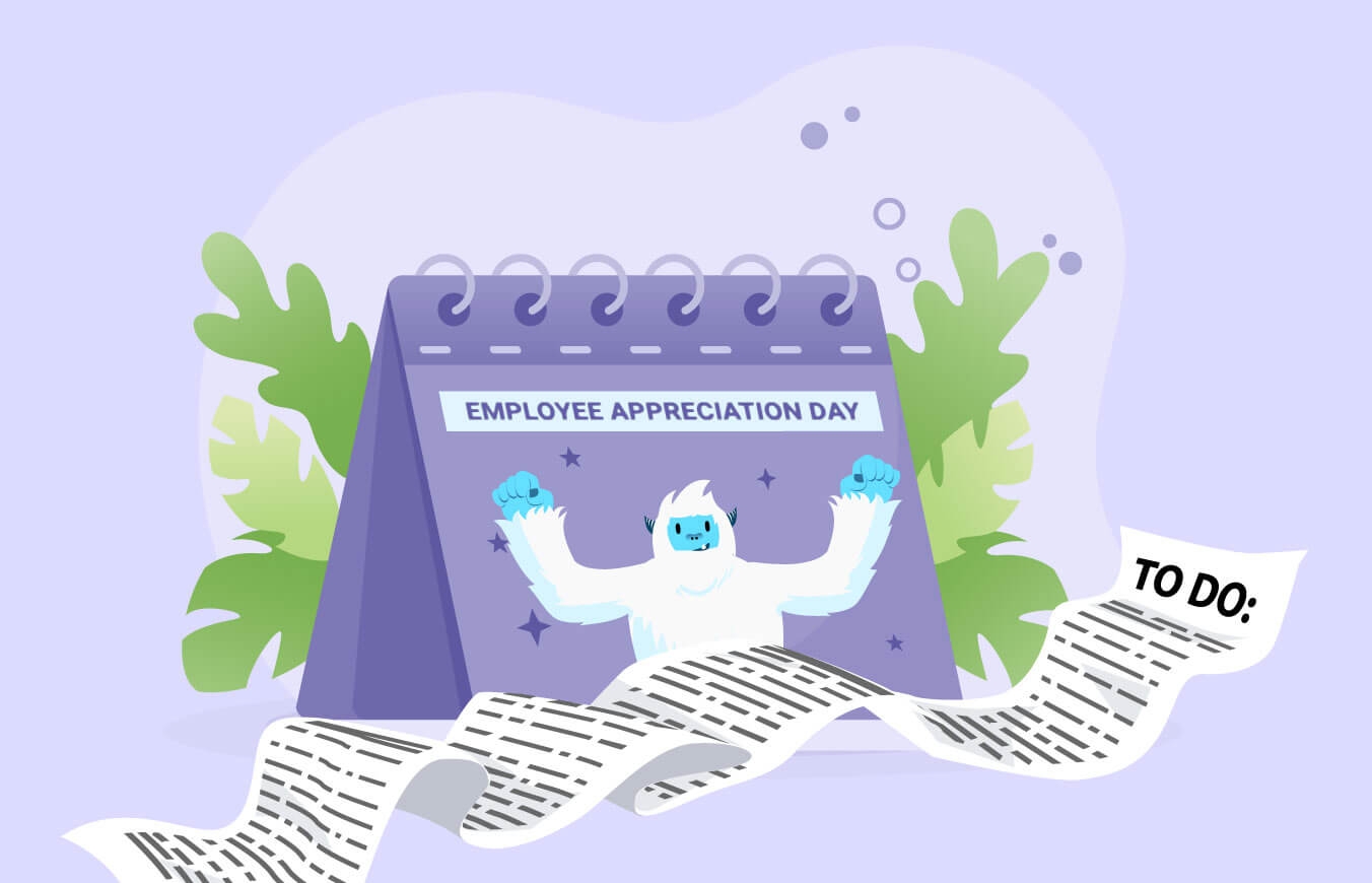 Illustration of Carl the yeti cheering on a calender celebrating employee appreciation day.