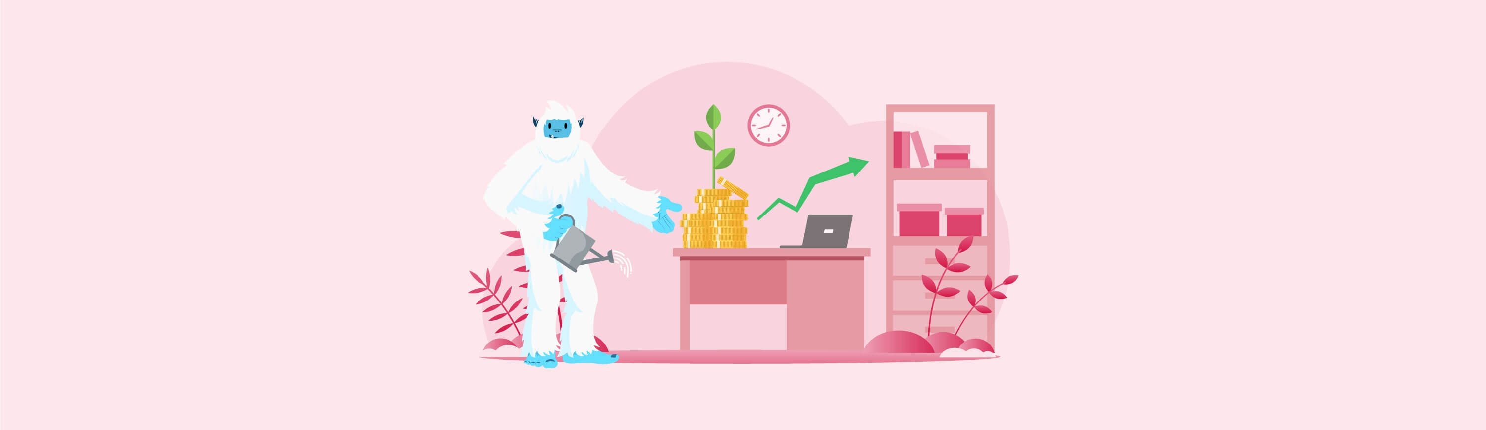 Illustration of Carl the yeti watering plants next to his work desk.