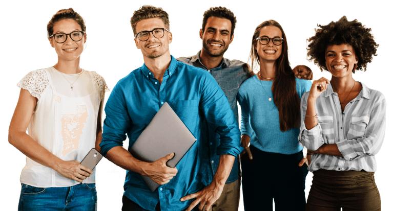 Image of five smiling team members that are happier at work because they feel recognized by their employer for their success.