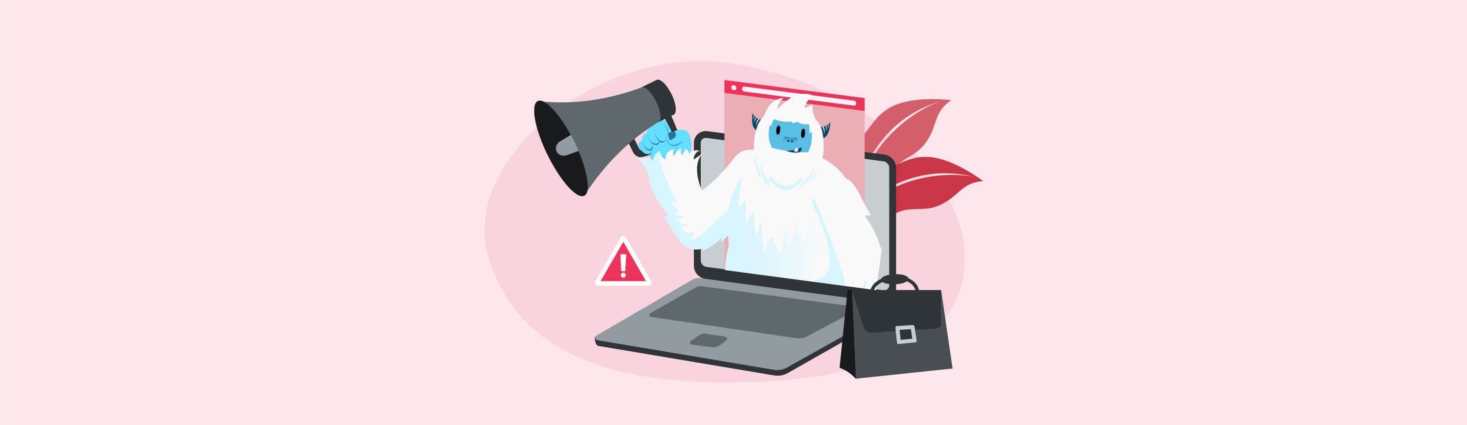 Illustration of Carl the yeti displayed on the screen of a laptop with a megaphone.