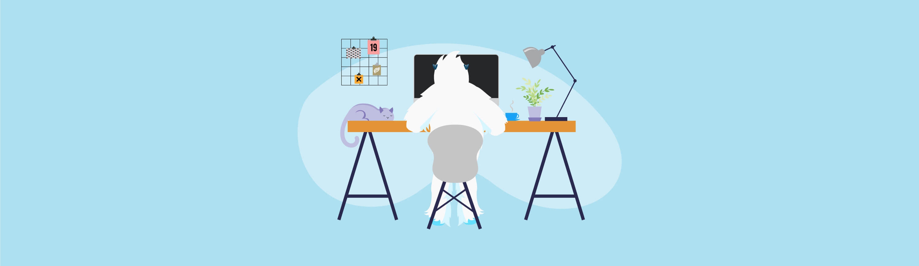 Illustration of Carl the yeti working at a desk.