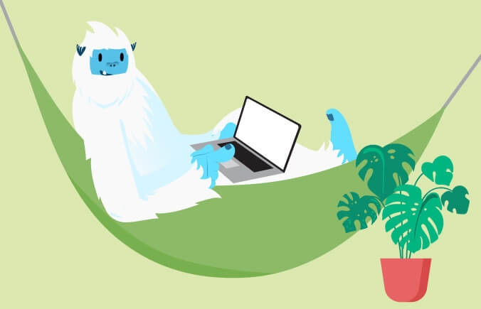 Illustration of Carl the yeti laying in a hammock on a laptop with a plant next to him.