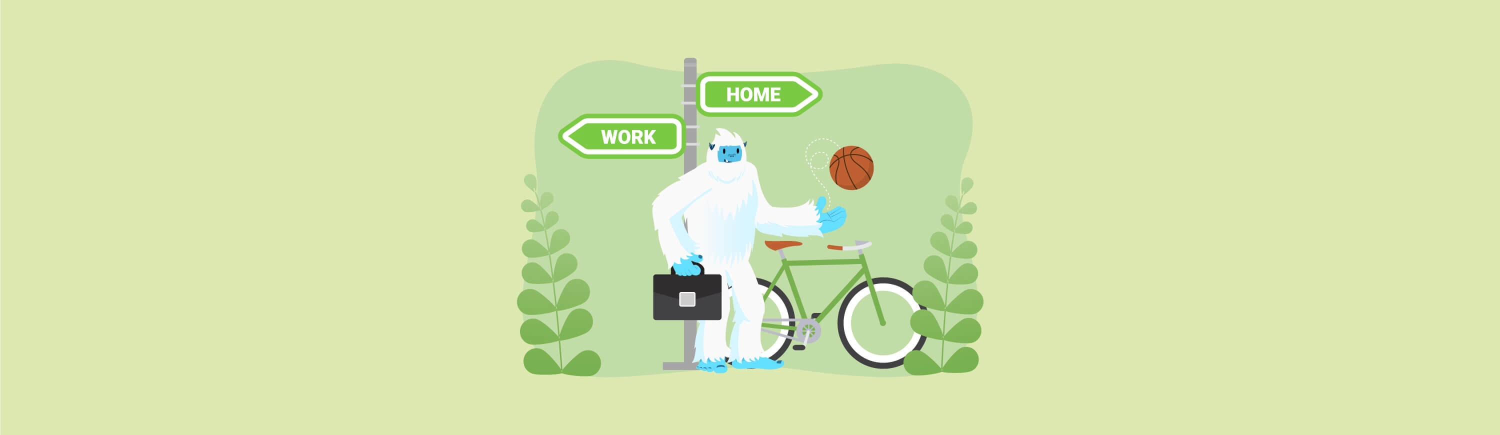 Illustration of Carl the yeti standing next to a sign with arrows pointing to either work or home.