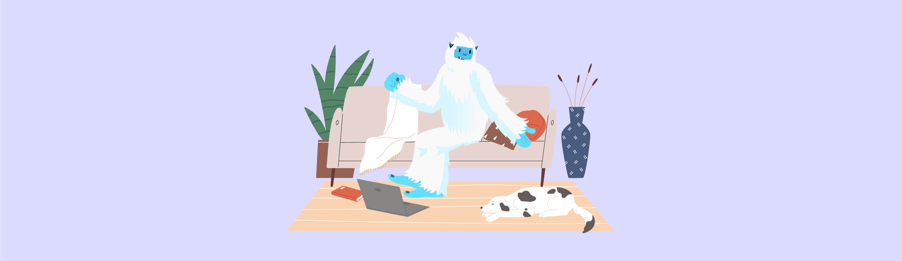 Illustration of Carl the Yeti sitting on floor of living room with laptop and dog next to him.