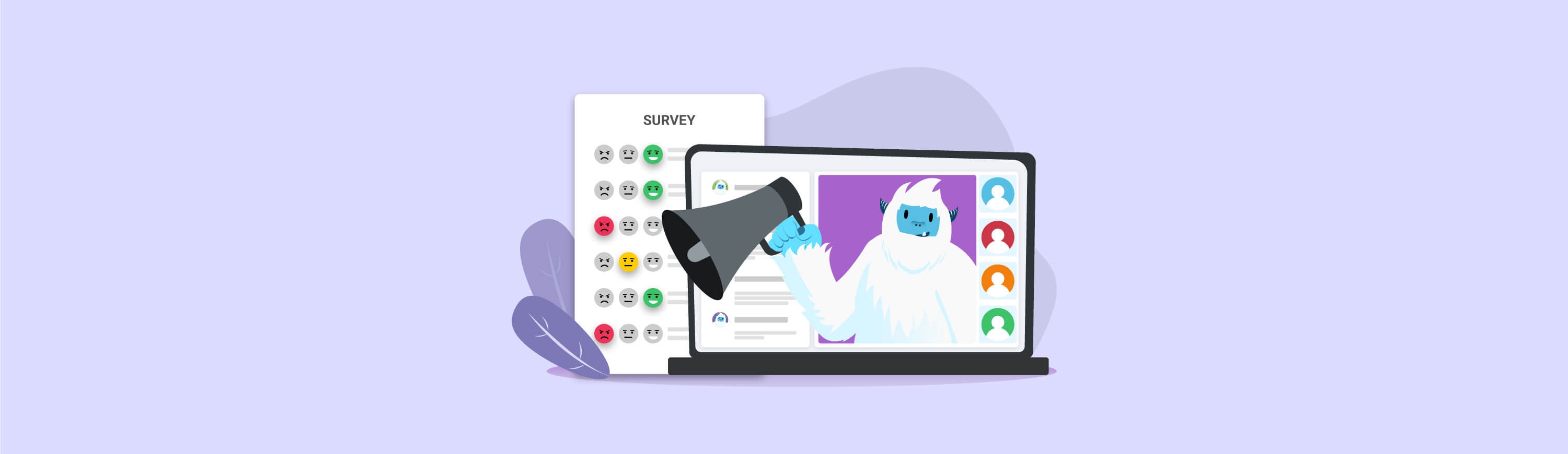 Illustration of Carl the yeti holding a megaphone next to a page with a survey on it.