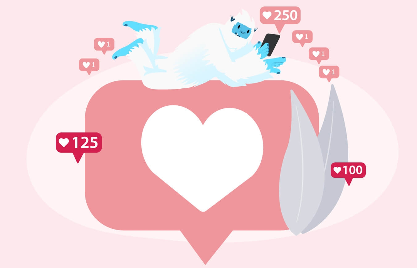 Illustration of Carl the yeti laying on a message icon surrounded by hearts.