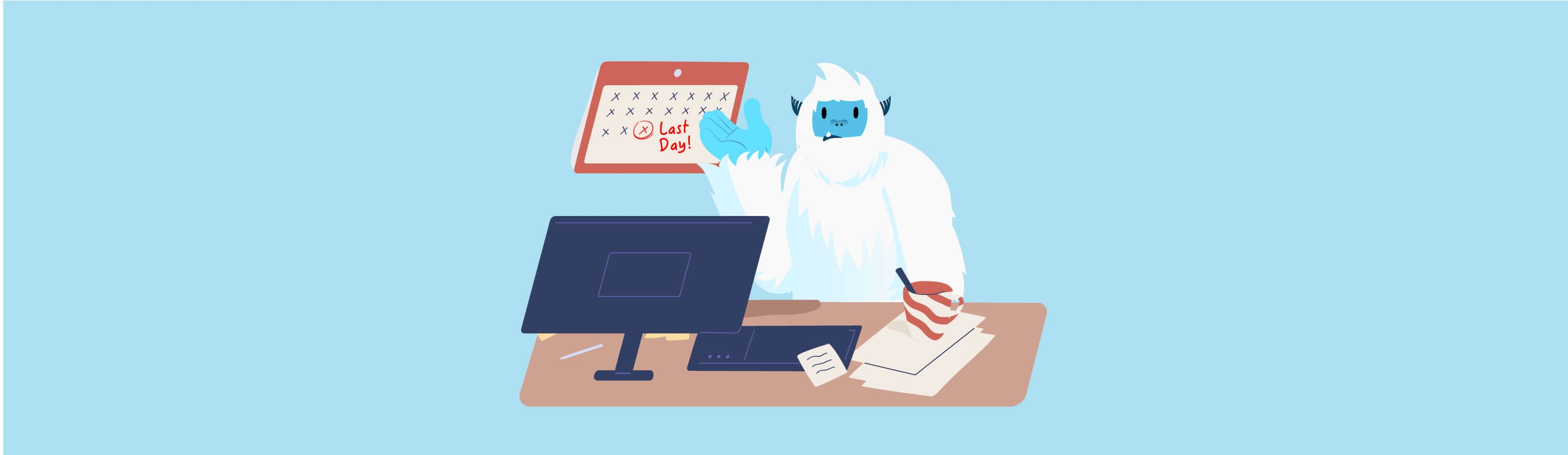 Illustration of Carl the yeti sitting at computer being frustratied