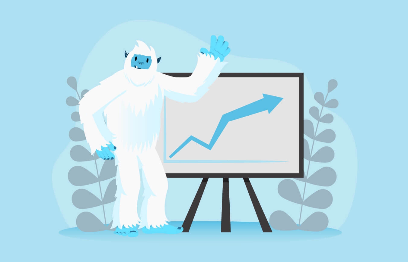 Illustration of Carl the yeti standing next to and pointing at a chart trending upwards.